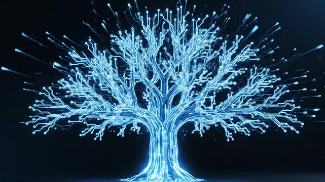 Glowing blue digital tree representing data network.