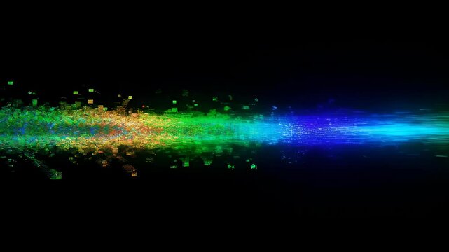 Glitch digital effect colourful horizontal light beam on black background with abstract motion, glowing spectrum, dynamic energy and abstract glow