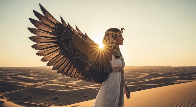 Majestic Winged Egyptian Goddess Gazing Across Sun-Drenched Desert Dunes