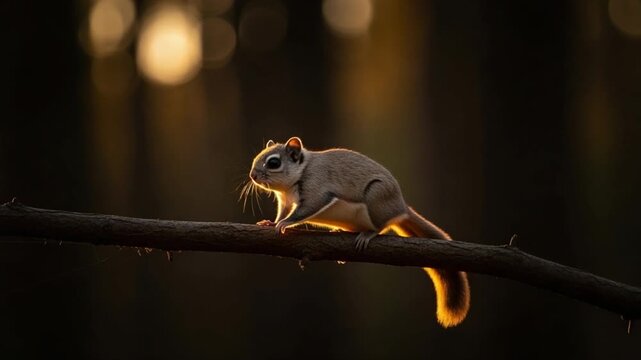 Small Japanese dwarf flying squirrel perched on a branch in golden hour light, representing nature wildlife photography, forest ecosystem, and peaceful wilderness