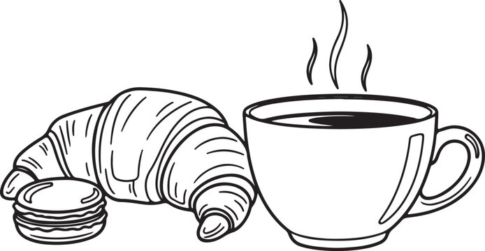 A charming, hand-drawn black-and-white illustration featuring a steaming cup of coffee alongside a flaky croissant and a macaron.