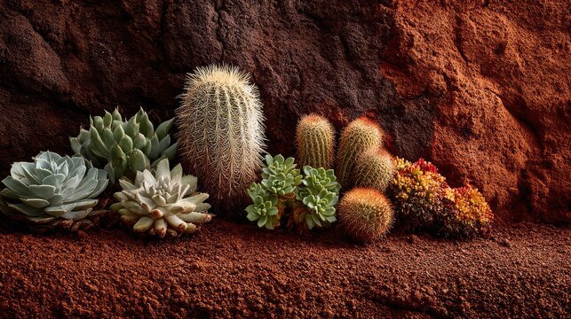 Diverse collection of hardy cacti and succulents growing against a textured red rock surface in a dry desert landscape with warm natural sunlight and shadows