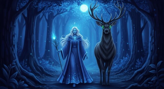 Enchantress and Majestic Stag in Moonlit Enchanted Forest with Glowing Fireflies
