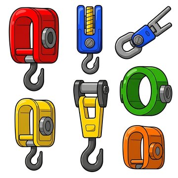 Colorful lifting hooks and pulleys for industrial tasks