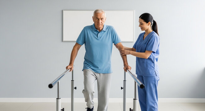 Senior Man Recovering from Injury Practicing Walking with Parallel Bars Supported by Female Physical Therapist in Modern Rehabilitation Clinic