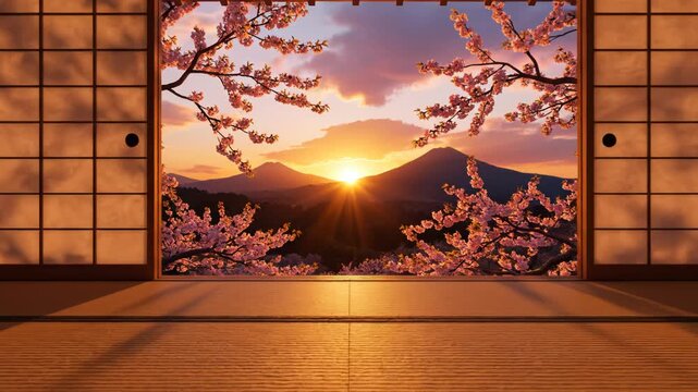 Japanese room with cherry blossoms and mountain view ideal for eco-friendly campaigns and travel vlogs