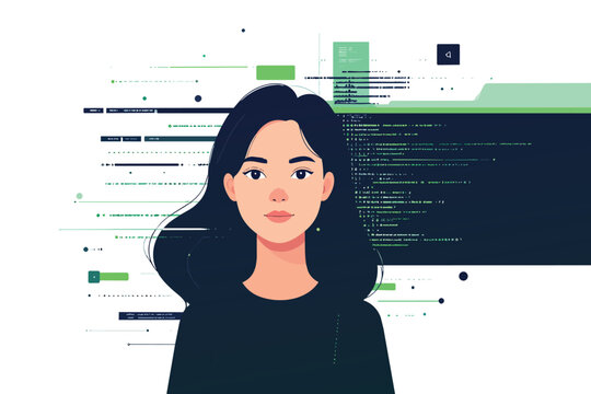 Woman in front of computer code background illustration