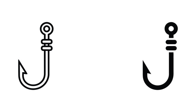 Fishing hook icon set in outline and solid black vector design for angling or outdoor activities