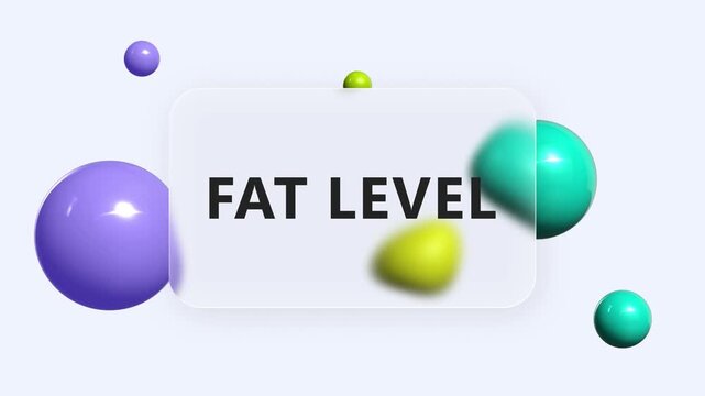 Animated fat level text on glass panel with purple, yellow-green and teal spheres on light blue background
