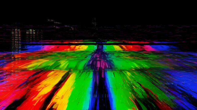 Glitch digital effect colourful horizontal abstract light pattern with rainbow streak, dark background, vibrant burst, neon data motion, sharp streaks, scan line texture, abstract cityscape reflection