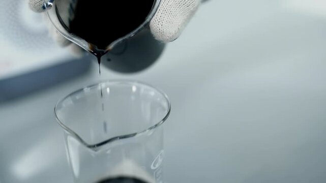 Scientist Pouring Crude Oil Sample in Laboratory Closeup