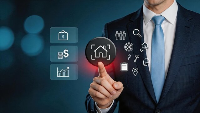 Real estate investment concept with businessman pressing house icon button, financial growth charts, money symbols and property search keys floating in virtual interface for