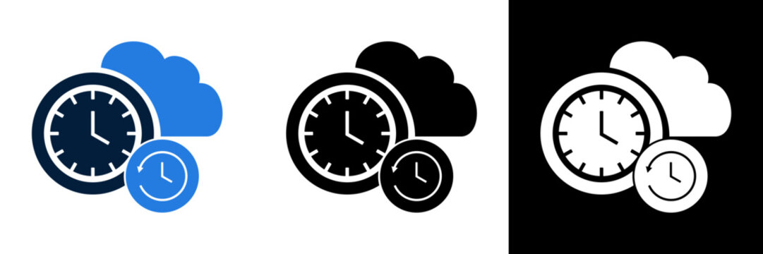 Cloud Time Synchronization and Data Storage Icon Set.