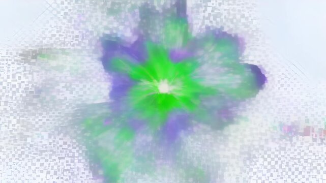 Colourful digital glitch flower with bright abstract background effect, horizontal pixel mosaic, white copy space, colourful burst glow, soft green purple background