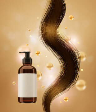 Bottle mock-up with wavy hair, Hair care background concept, Clipping path, 3D rendering