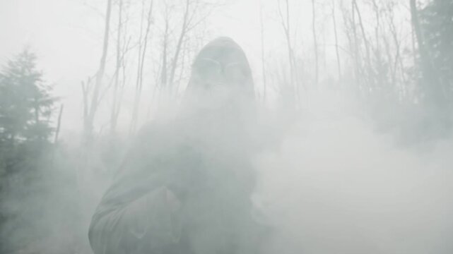 Lonely Survivor in Gas Mask on Railway Toxic Smoke Post Apocalyptic Scene