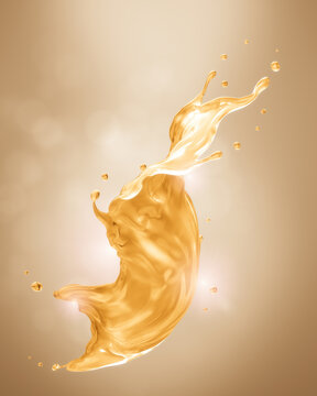 Golden serum liquid or oil splash background for cosmetic product, 3D rendering.