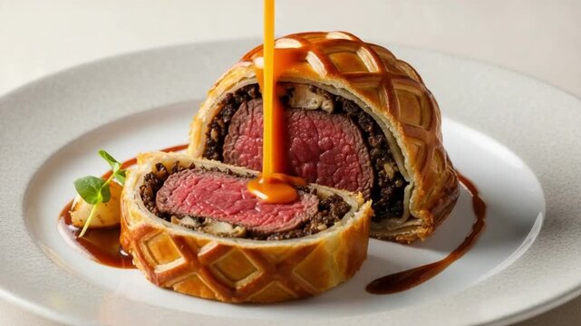 Gourmet Beef Wellington with Medium Rare Tenderloin and Mushroom Duxelles Pastry Crust on White Plate for Fine Dining Restaurant Menu or Culinary Food Photography