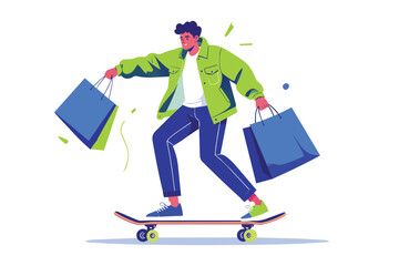 Fototapeta premium Young man skateboarding with shopping bags in hand happy and carefree