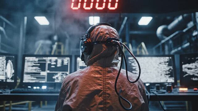 Person in protective suit at control room emphasizing futuristic concepts and connectivity
