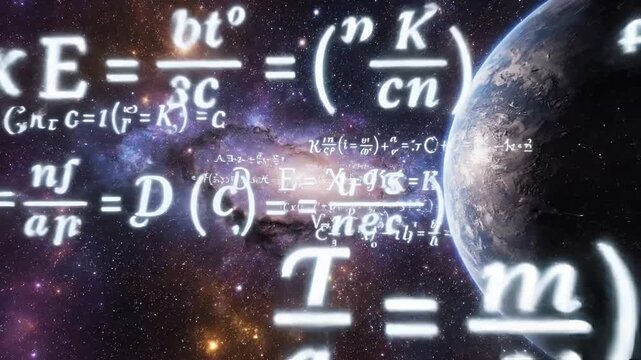 Abstract Cosmic Background with Scientific Formulas and Equations Floating.