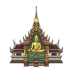 Obraz premium Ornate golden Buddha statue sits in a vibrant temple setting