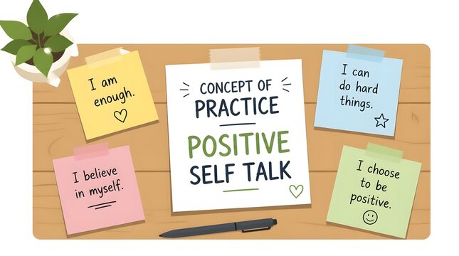 Positive Self Talk Concept Board on Wooden Desk with Sticky Notes