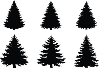 Fototapeta premium Evergreen pine tree silhouette set featuring fir forest trees, black nature vector icons collection isolated on white background