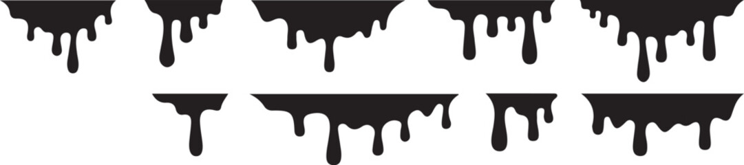 A collection of various black paint, ink, or liquid drip elements. These graphic shapes feature a flat, high-contrast style that mimics fluid running down a surface. © Mend