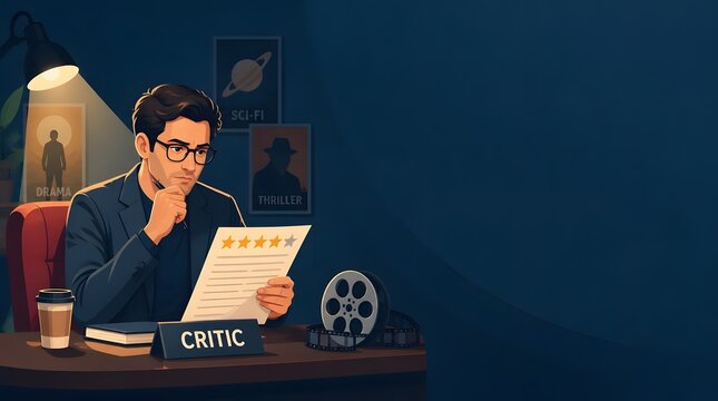 Professional Critic Reviewing Film Script in Cozy Studio