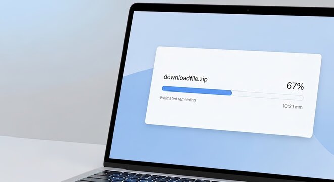 Laptop computer showing a file download progress bar on the screen