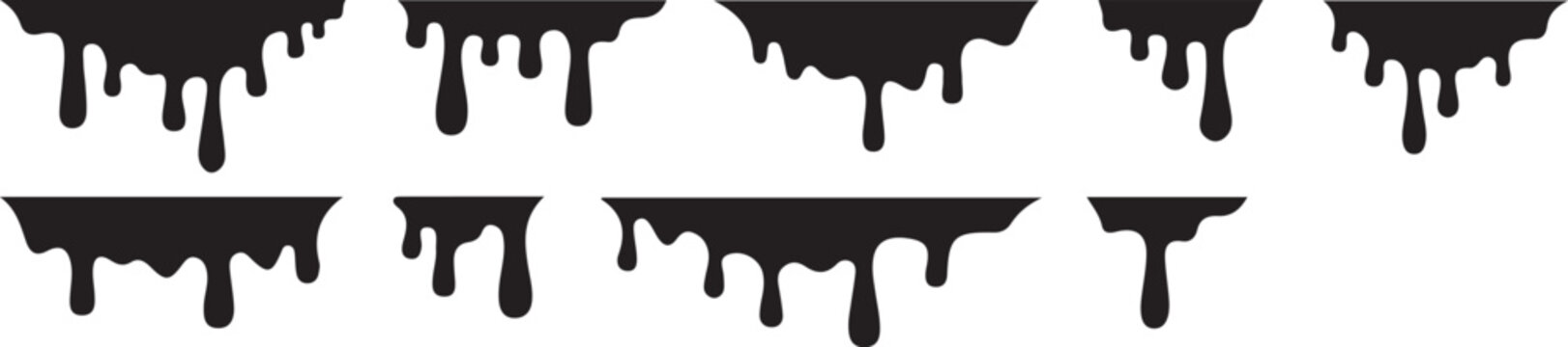 A collection of various black paint, ink, or liquid drip elements. These graphic shapes feature a flat, high-contrast style that mimics fluid running down a surface.