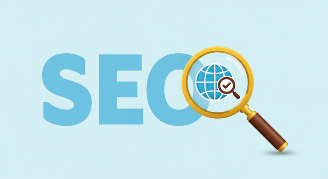 A magnifying glass hovers over the letters SEO and a globe, symbolizing the meticulous process of Search Engine Optimization.