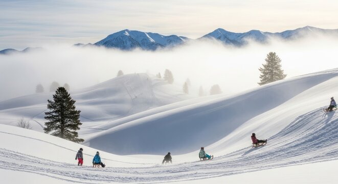 Joyful Children Sledding Down Pristine Snow Hills with Majestic Fog-Kissed Mountains and Bright Winter Sun