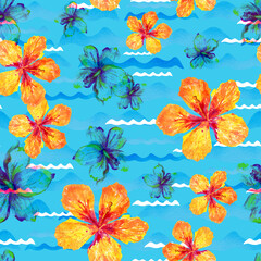 Hawaiian flowers seamless pattern on blue background © AineGing