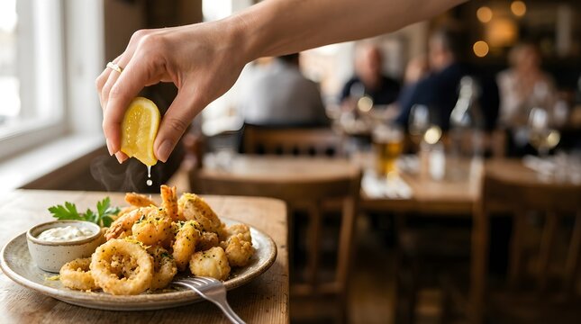 Person Squeezing Fresh Lemon Juice Over Fried Calamari in Restaurant