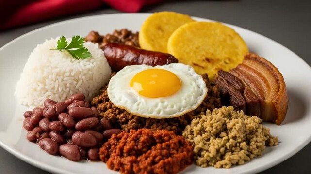Traditional Colombian Bandeja Paisa Platter with Rice Beans Chicharron and Fried Egg for Authentic Latin American Cuisine and Restaurant Menu Photography