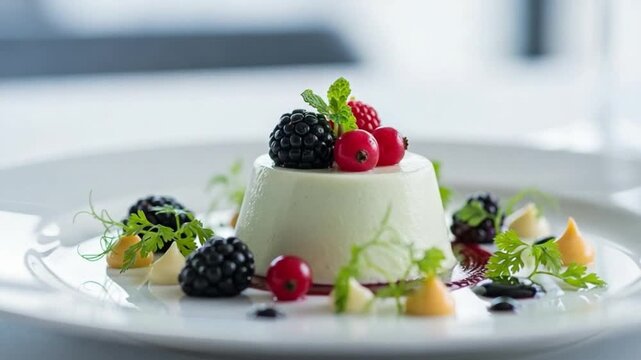 Gourmet Panna Cotta Dessert with Fresh Berries and Mint Garnish on White Plate for Fine Dining Restaurant Menu or Culinary Food Photography Concept