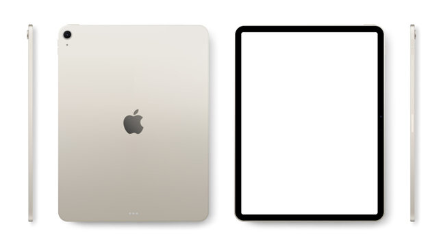 Photorealistic detailed Apple iPad Air M4 13 inches 2026 Starlight mockup. Real dimentions. Front, rear and side views isolated on white background with shadows. Vector editorial illustration