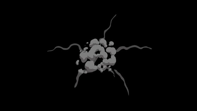 2D flash smoke animation, smoke elements featuring, glowing smoke bursts, energy flash explosion, looping animation cartoon explosion element effect on black screen background.