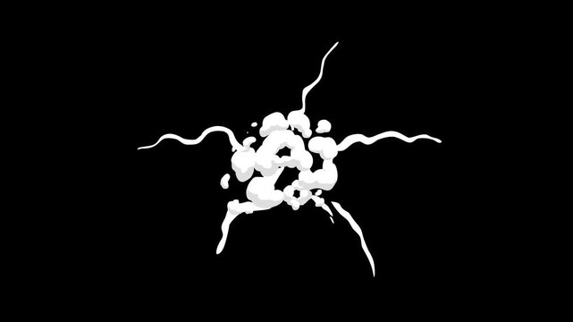 2D flash smoke animation, smoke elements featuring, glowing smoke bursts, energy flash explosion, looping animation cartoon explosion element effect on black screen background.