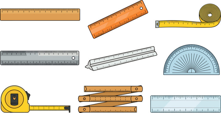 Measurement Rulers and Tape Measure Vector Illustration Set Featuring Protractor Scale Ruler Folding Rule and Measuring Tools for Construction Architecture Drafting Designs