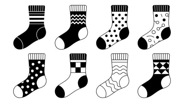 Set of patterned casual socks in black and white with clothing footwear collection checkered geometric