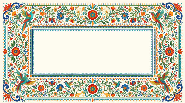 Colorful Traditional Folk Art Border Adorned with Vibrant Flowers and Exotic Birds for Design