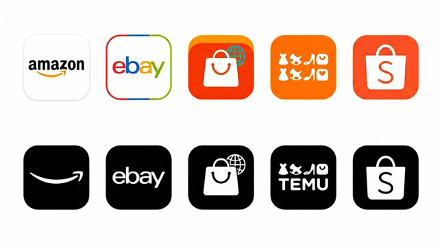 E-commerce Online Shopping App Icons Vector Set - Amazon eBay Temu Shopee Marketplace Logos Collection - Light and Dark Mode Graphics for Web Mobile Application Design - Isolated Background White