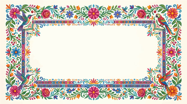 Vibrant floral and bird border design with a central white space for text