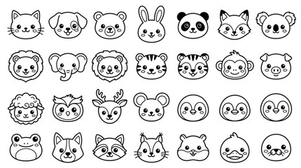 Fototapeta premium Collection of Cute Hand Drawn Animal Faces in Sketch Style.