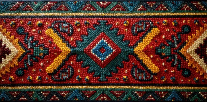 Traditional Ndebele cowhide leatherwork with geometric patterns and bright colors, Vibrant colors, Zulu culture