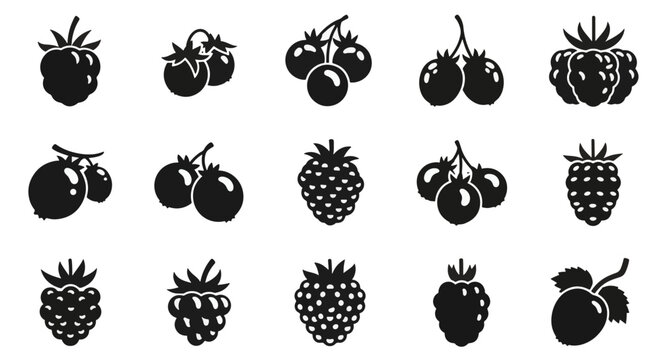 Collection of Flat Black Berry Icons Including Blackberry Blueberry and Raspberry Designs Minimalist Vector Illustration for Food Packaging and Culinary Graphic Design
