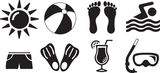 A clean, professional collection of solid black icons featuring beach and vacation essentials like the sun, swim shorts, flippers, cocktail, snorkeling gear, and swimming figures. © Mend